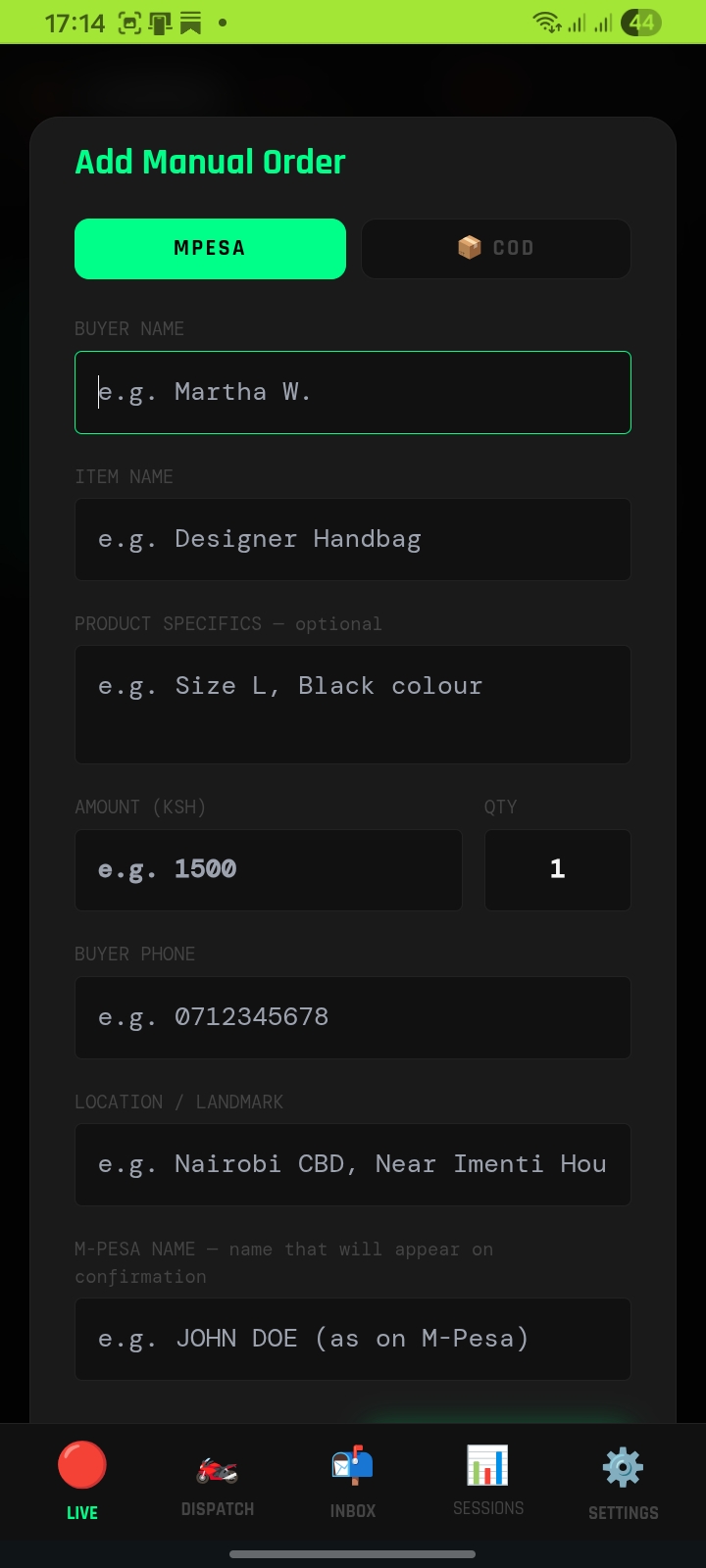 Seamless Manual Order Entry